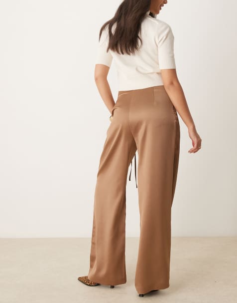 ASOS DESIGN wrap tie wide leg satin pants in mocha - view 2