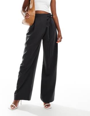 Asos Design Wrap Tie Wide Leg Tailored Pant In Gray