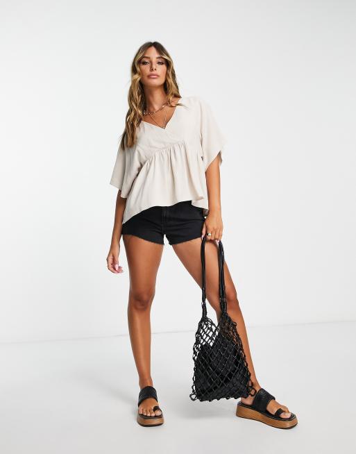 ASOS DESIGN wrap top with angel sleeve & peplum hem in natural, 4 of 4