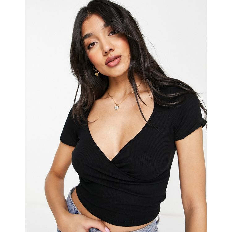 ASOS Top With Wrap Front And Plunge Neckline In Baby Rib in Black