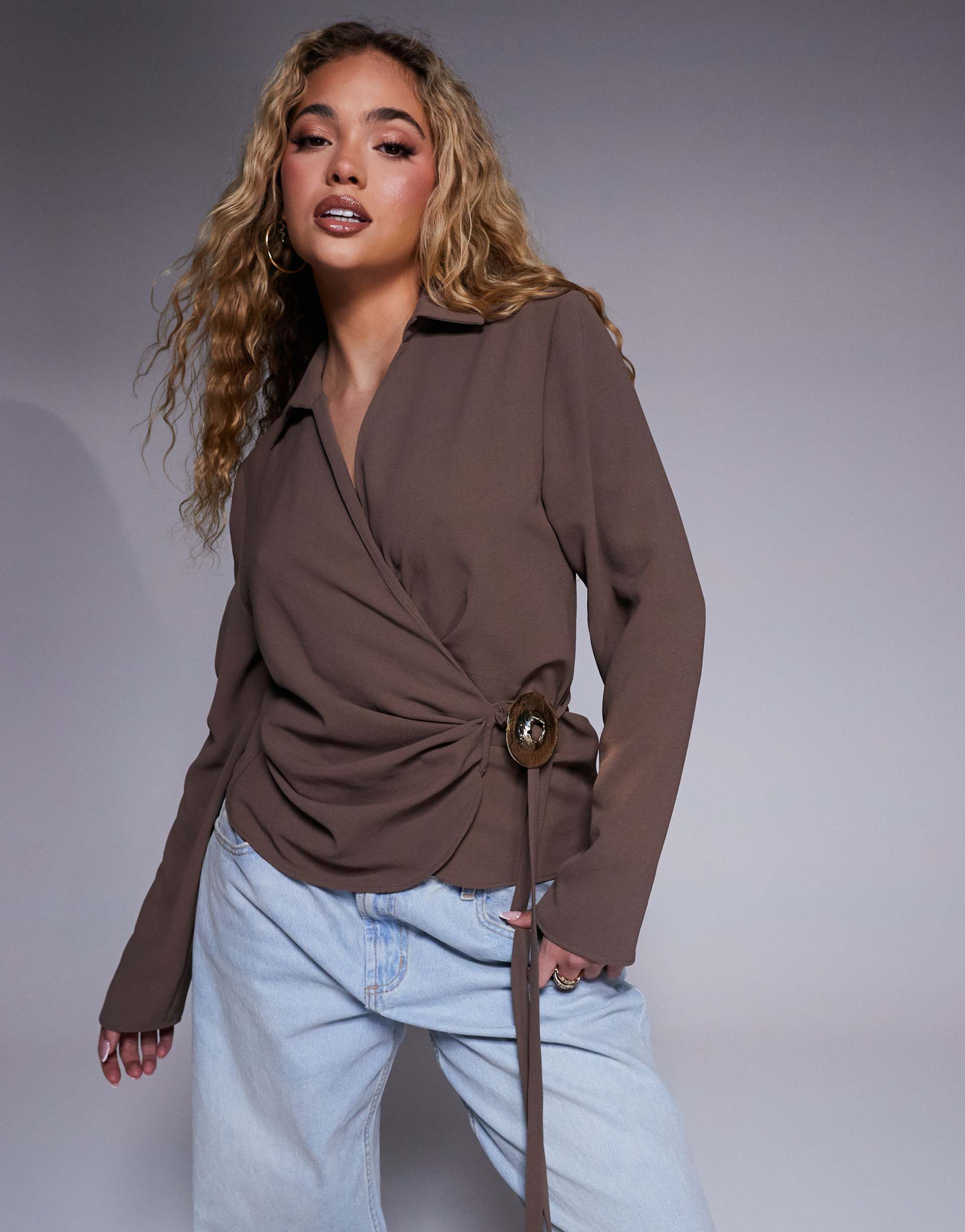 asos design wrap top with collar and metal trim detail in brown