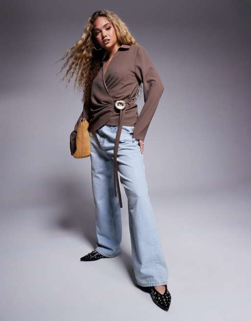 ASOS DESIGN wrap top with collar and metal trim detail in brown, 2 of 4