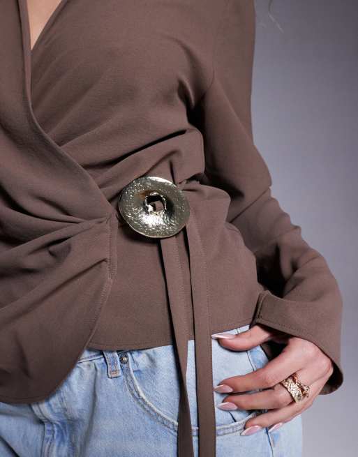 ASOS DESIGN wrap top with collar and metal trim detail in brown, 3 of 4