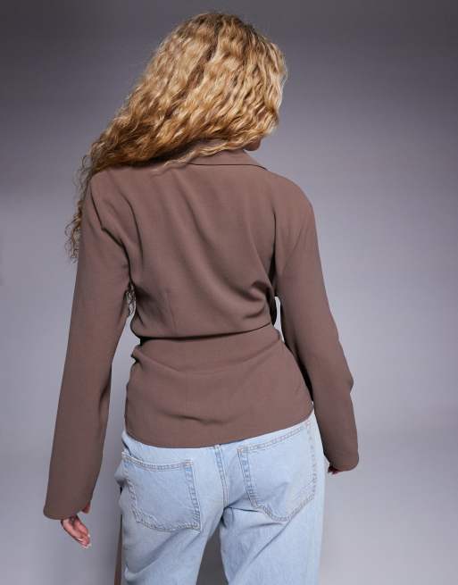 ASOS DESIGN wrap top with collar and metal trim detail in brown, 4 of 4