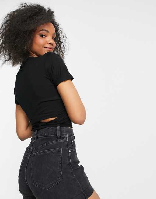 ASOS Top With Wrap Front And Plunge Neckline In Baby Rib in Black