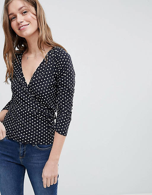 ASOS DESIGN Wrap Top With Tie Side And Ruched Sleeve Detail In Polka Dot 