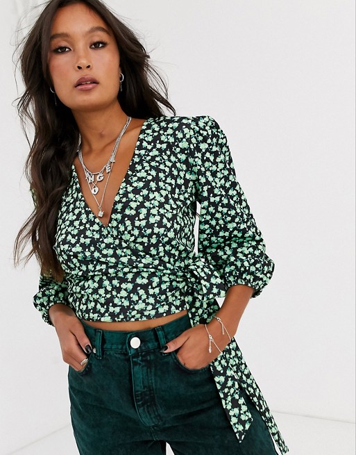 ASOS DESIGN wrap top with volume sleeve in ditsy print