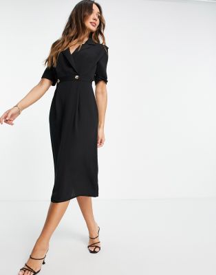 ASOS DESIGN wrap tux midi dress with shoulder pads in black