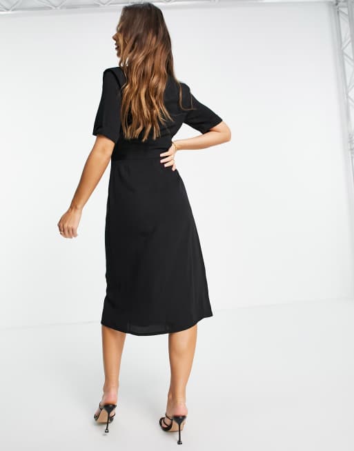 ASOS DESIGN wrap tux midi dress with shoulder pads in black