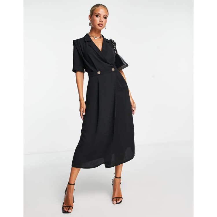 ASOS DESIGN wrap tux midi dress with shoulder pads in black