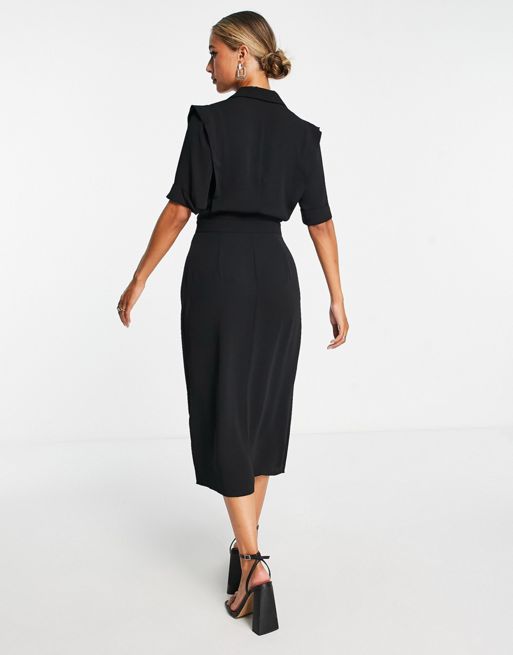 ASOS DESIGN sweetheart neckline ruched waist midi dress with cap sleeves in  black