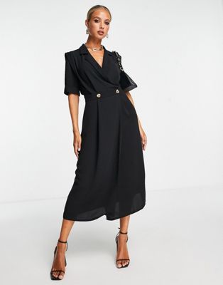 ASOS DESIGN wrap tux midi dress with shoulder pads in black | ASOS