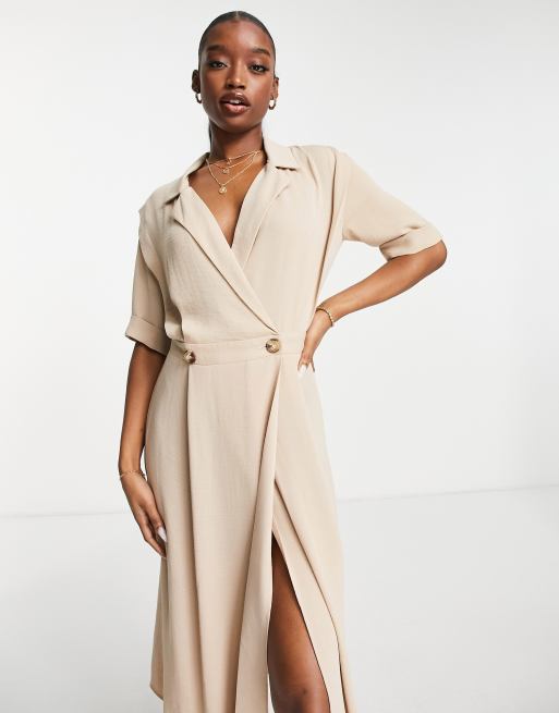 ASOS DESIGN wrap tux midi dress with shoulder pads in stone