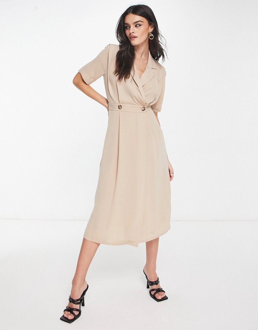 ASOS DESIGN wrap tux midi dress with shoulder pads in stone-Neutral