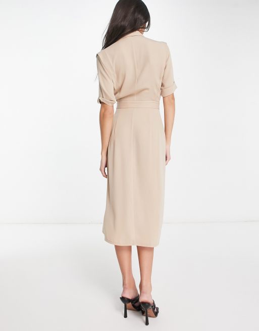 ASOS DESIGN chiffon tie neck ruched waist midi dress in stone