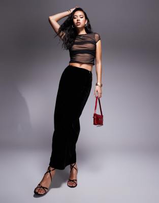 wrap velvet maxi skirt in black