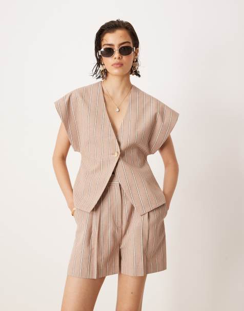 ASOS DESIGN wrap vest with linen in mink stripe - part of a set - view 1