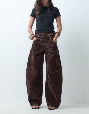 Asos Design Wrap Waist Flocked Barrel Leg Jean In Brown