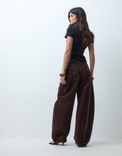 ASOS DESIGN wrap waist flocked barrel leg jean in chocolate, 3 of 5