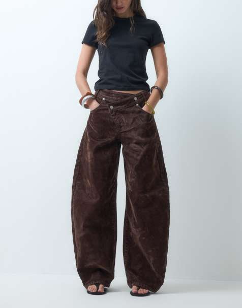 ASOS DESIGN wrap waist flocked barrel leg jeans in chocolate - view 1