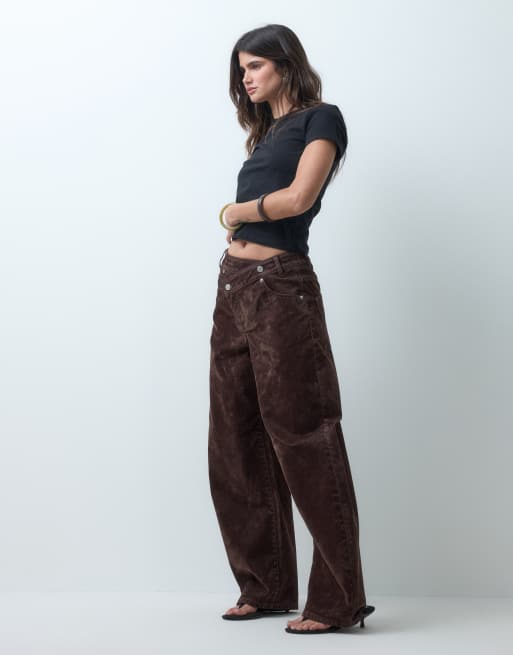 ASOS DESIGN wrap waist flocked barrel leg jeans in chocolate, 5 of 5