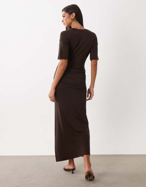ASOS DESIGN wrap waist hardware detail maxi dress in chocolate, 4 of 4