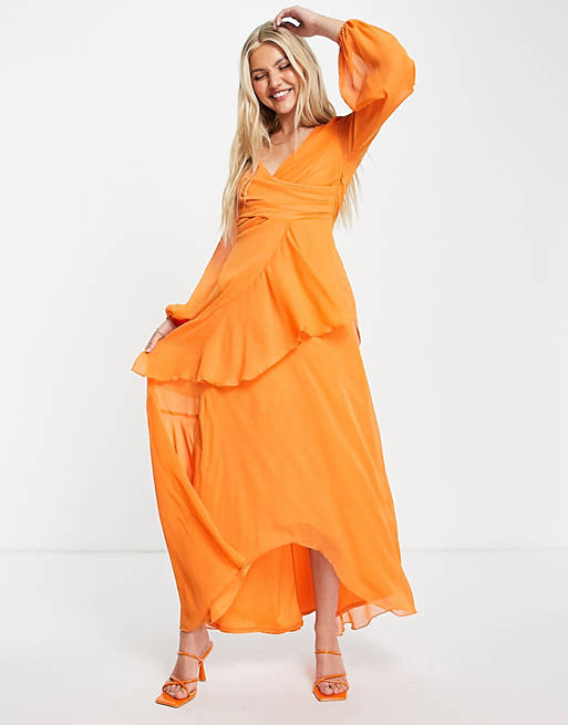  wrap waist maxi dress with double layer skirt and long sleeve 
