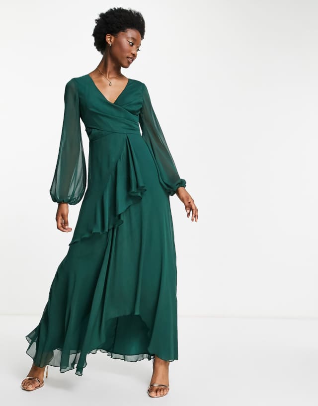 ASOS DESIGN wrap waist maxi dress with double layer skirt in forest green