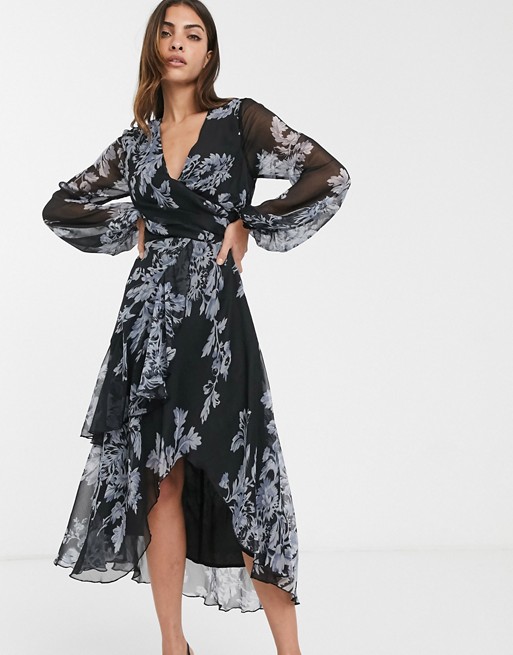 ASOS DESIGN wrap waist midi dress with double layer skirt and long sleeve in floral print