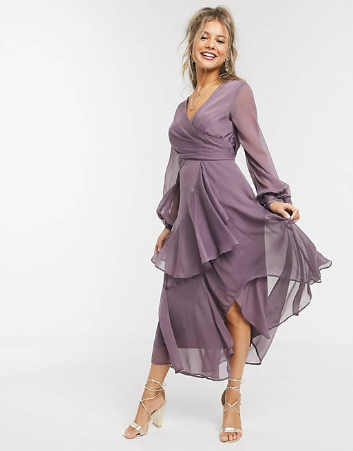 ASOS DESIGN wrap waist midi dress with double layer skirt and long sleeve in mauve