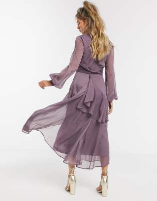 asos design wrap detail midi dress with long sleeves