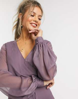 asos design wrap detail midi dress with long sleeves