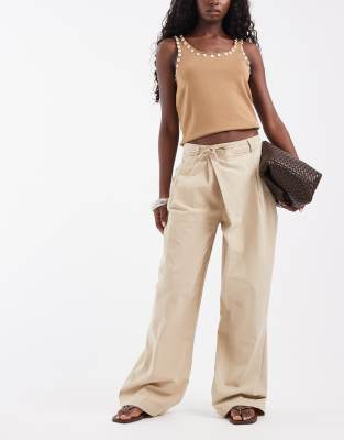 Asos Design Wrap Waist Wide Leg Pants In Neutral