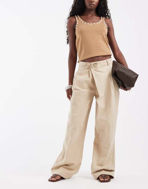 ASOS DESIGN wrap waist wide leg trouser in strone - view 1