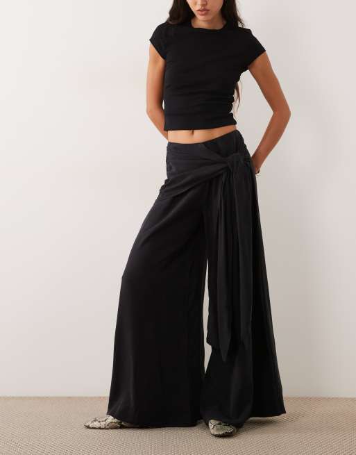 ASOS DESIGN wrapover detail wide leg pants in black, 2 of 5