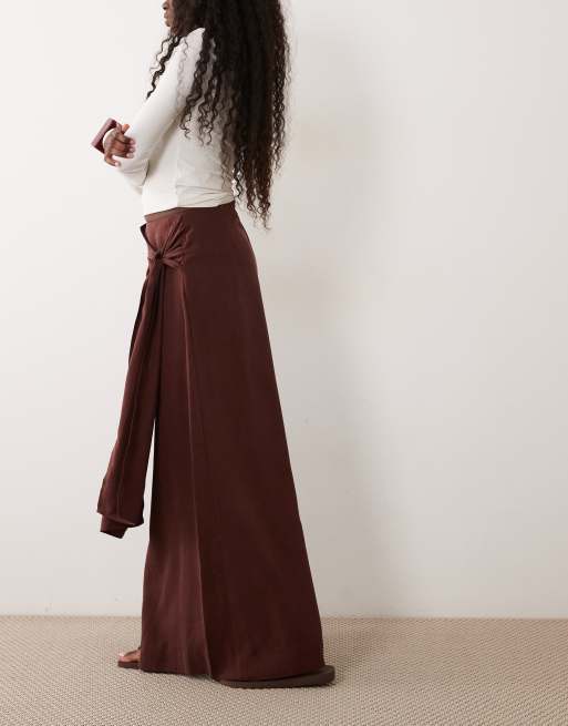 ASOS DESIGN wrapover detail wide leg pants in chocolate, 2 of 5