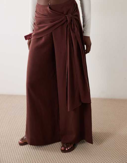 ASOS DESIGN wrapover detail wide leg pants in chocolate, 4 of 5