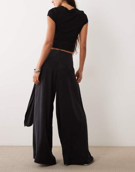 ASOS DESIGN wrapover detail wide leg trousers in black, 4 of 5