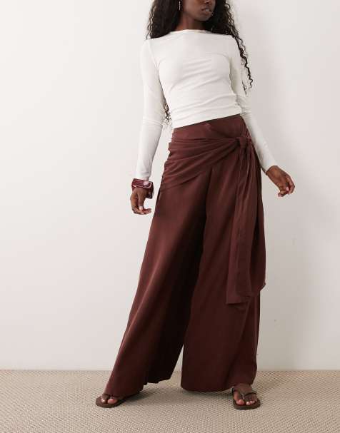 ASOS DESIGN wrapover detail wide leg trousers in chocolate - view 1