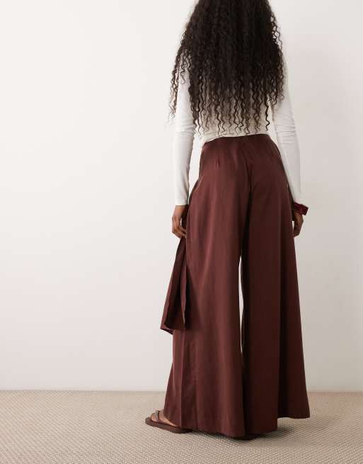 ASOS DESIGN wrapover detail wide leg trousers in chocolate, 5 of 5