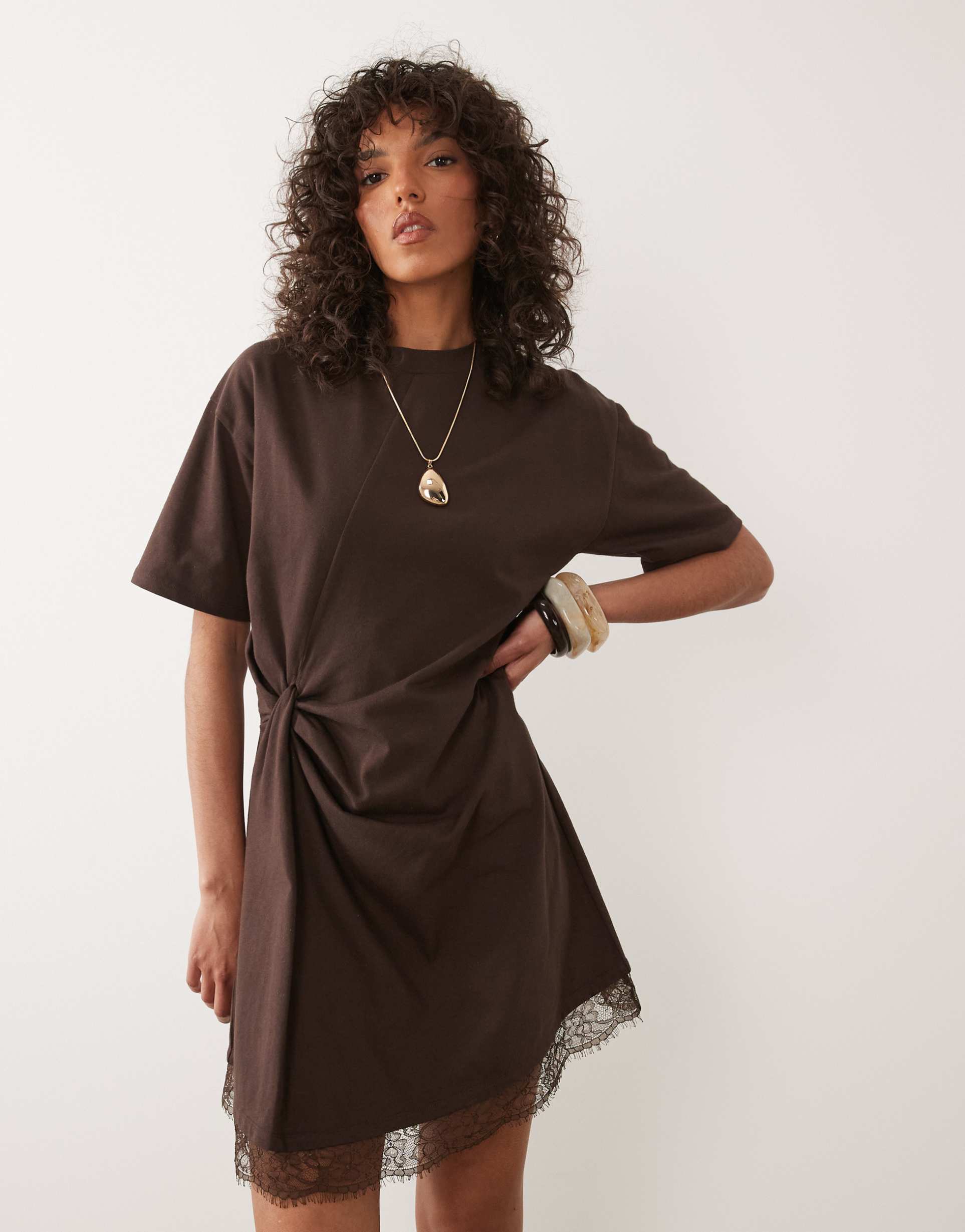 asos design wrapped waist mini dress with lace hem in chocolate