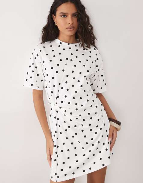 ASOS DESIGN wrapped waist mini dress with lace hem in mono polka dot - view 1