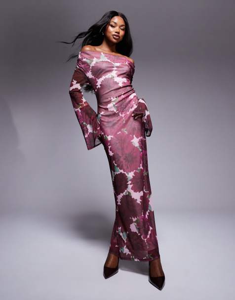 ASOS DESIGN cowl front mesh maxi dress with flare sleeve in print