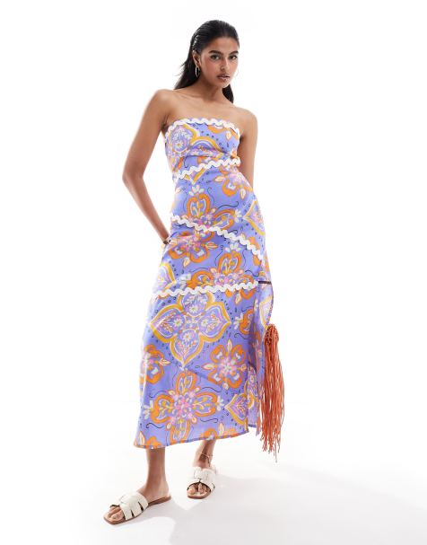 ASOS DESIGN – Wzorzysta sukienka maxi z dekoltem bandeau, falistym obszyciem i kafelkowym wzorem - view 1