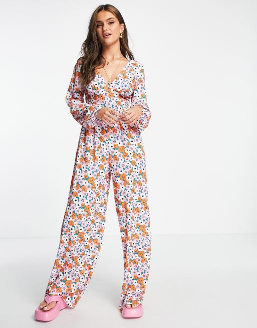 ASOS DESIGN – Wzorzysty kombinezon z bąbelkowej krepy z długimi rękawami i guzikami na plecach