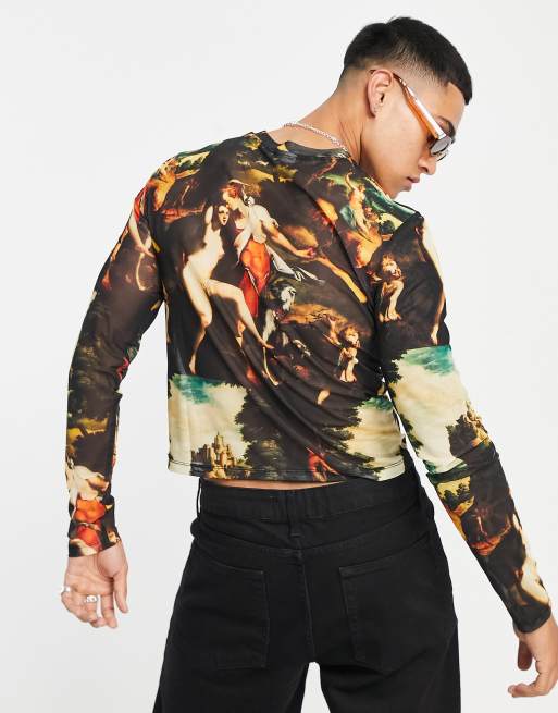 ASOS DESIGN – Wzorzysty podkreślający sylwetkę T-shirt z siateczki z długimi rękawami – BLACK