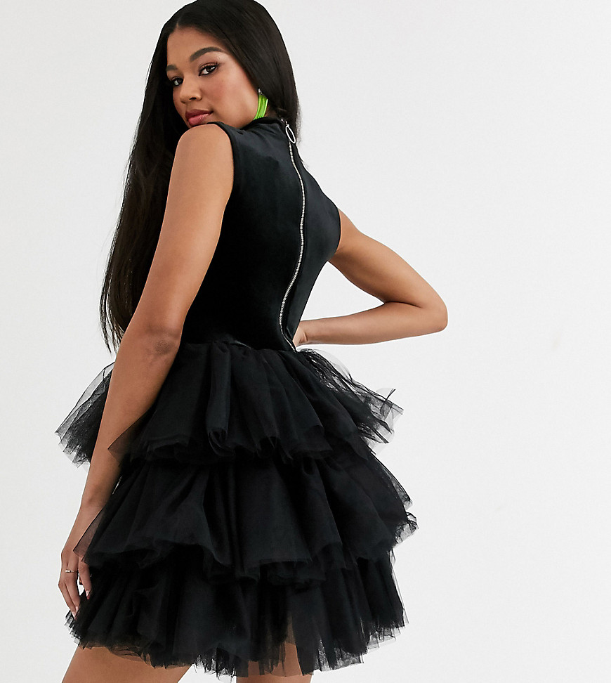 ASOS DESIGN x Christian Cowan velvet dress with puff ball tulle skirt-Black