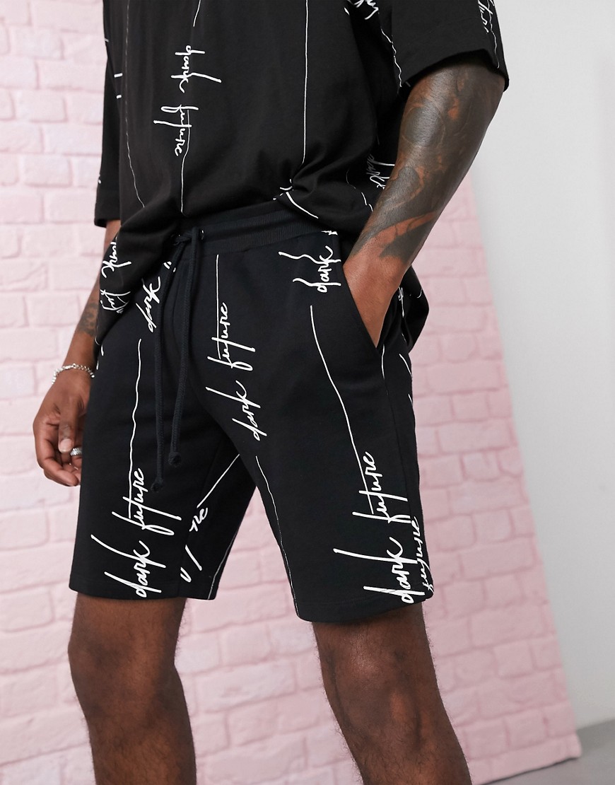 ASOS DESIGN x Dark Future co-ord skinny shorts with logo print-Black