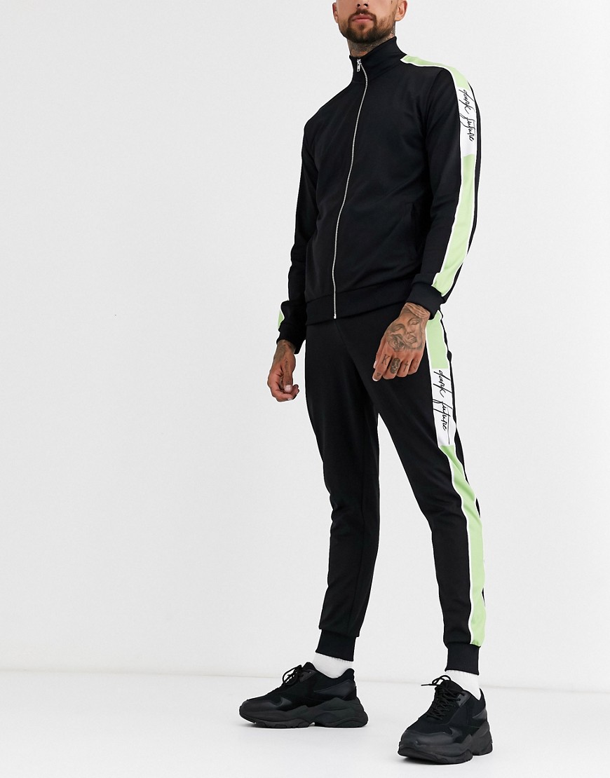 ASOS DESIGN x Dark Future - Joggers skinny in tricot di poliestere con logo e riga laterale menta coordinati-Nero