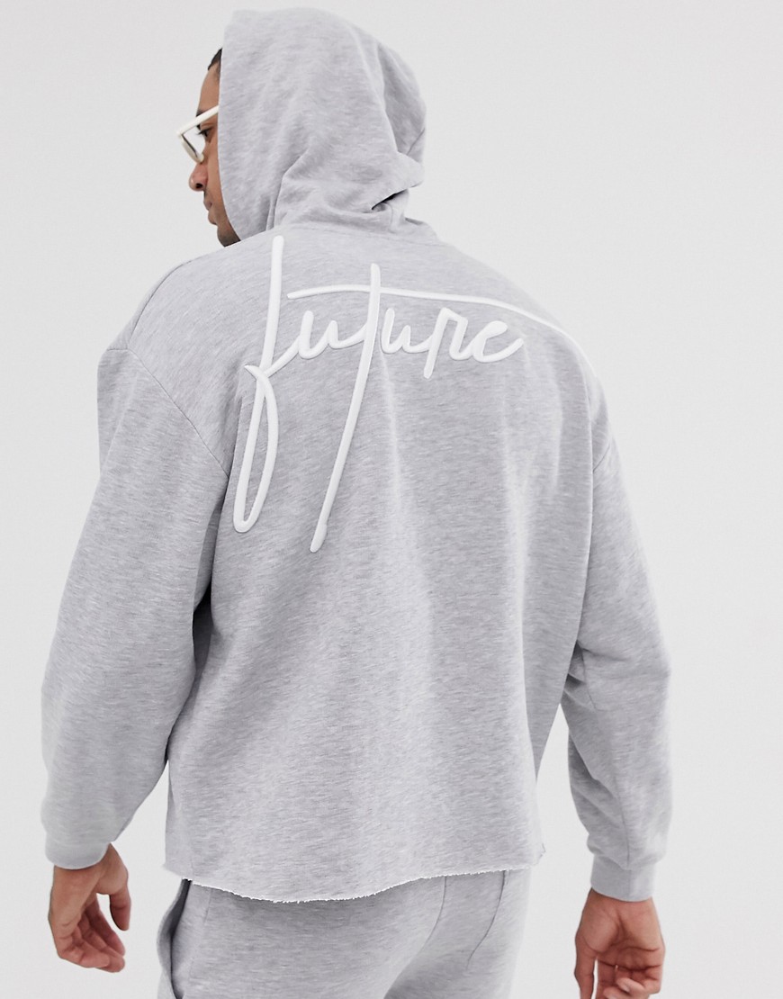 ASOS DESIGN x Dark Future - Oversized cropped hoodie met onafgewerkte randen, print op de achterkant en logo, combi-set-Grijs